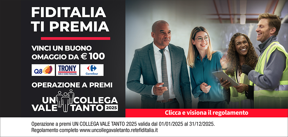 Agenzia Serfin Srls Fiditalia | Terni | Fiditalia ti premia - Vinci un buono omaggio da €100. Operazione a premi. Clicca e visiona il regolamento. Operazione a premi UN COLLEGA VALE TANTO 2025 valida dal 01/01/2025 al 31/12/2025. Regolamento completo www.uncollegavaletanto.retefiditalia.it